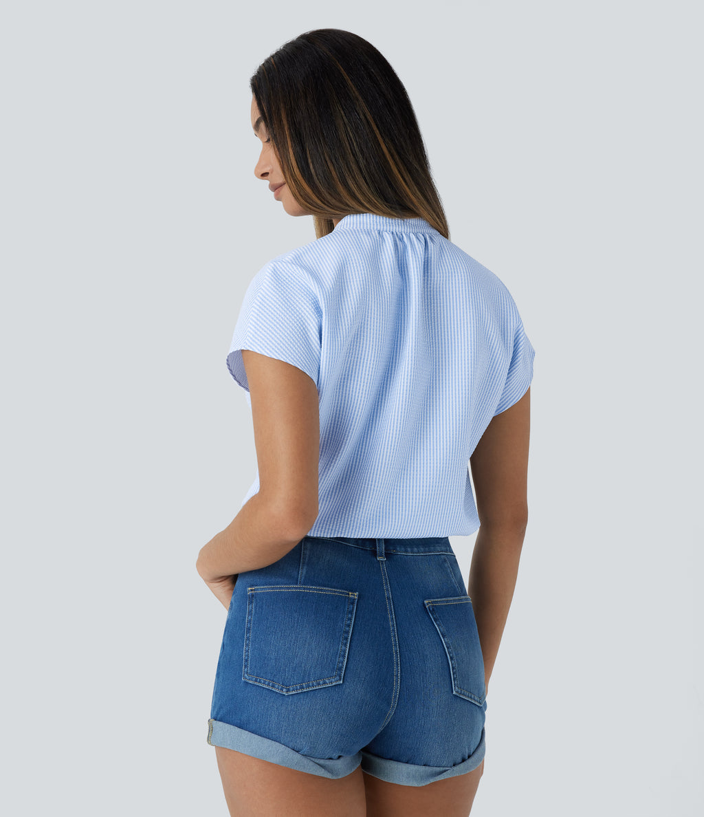 V Neck Short Sleeve Curved Hem Stripe Casual Top — Azure White Stripe — view 3