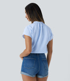 V Neck Short Sleeve Curved Hem Stripe Casual Top — Azure White Stripe — view 3