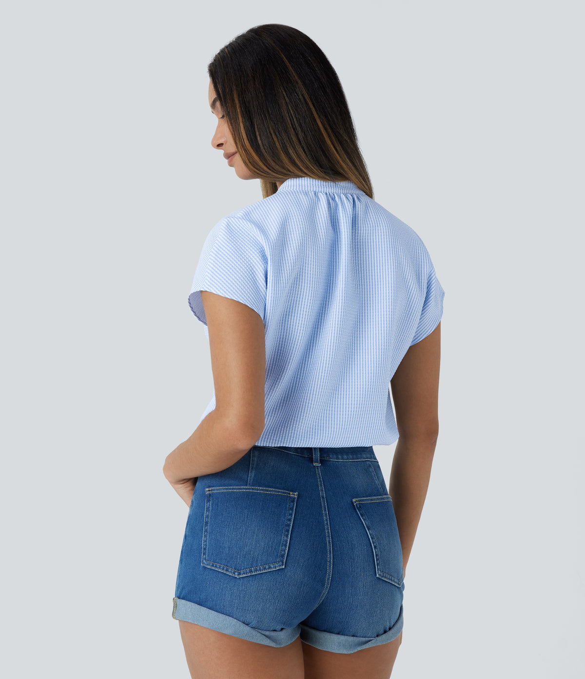 V Neck Short Sleeve Curved Hem Stripe Casual Top — Azure White Stripe — view 3