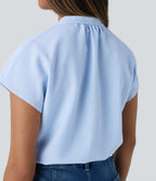 V Neck Short Sleeve Curved Hem Stripe Casual Top — Azure White Stripe — view 6