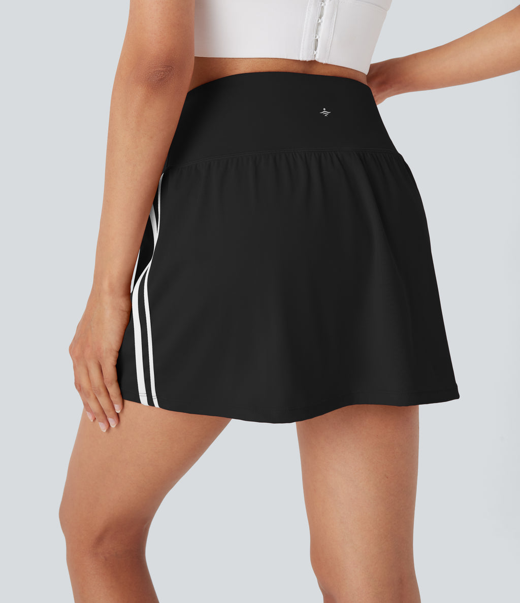 QuickDry High Waisted Tummy Control 2-in-1 Color Block Mini Pickleball Skirt with Pocket — Black — view 5