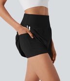 QuickDry High Waisted Tummy Control 2-in-1 Color Block Mini Pickleball Skirt with Pocket — Black — view 4