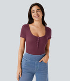 Ribbed Henley Neck Short Sleeve Slim Casual Top — Maroon Banner — view 5