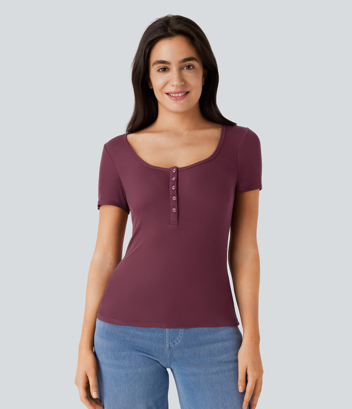 Ribbed Henley Neck Short Sleeve Slim Casual Top — Maroon Banner — view 6