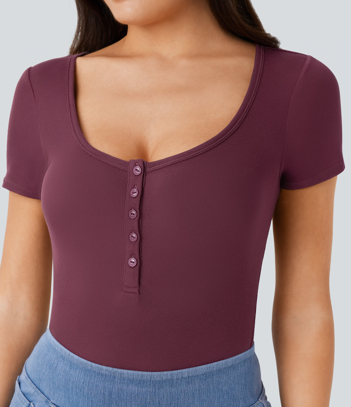 Ribbed Henley Neck Short Sleeve Slim Casual Top — Maroon Banner — view 4