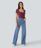 Ribbed Henley Neck Short Sleeve Slim Casual Top — Maroon Banner — view 7
