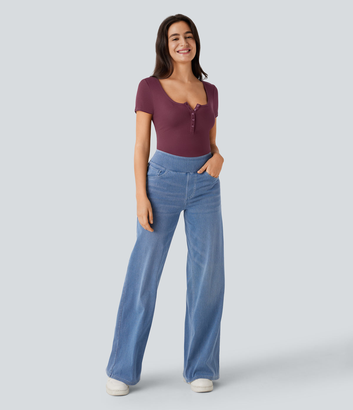 Ribbed Henley Neck Short Sleeve Slim Casual Top — Maroon Banner — view 7