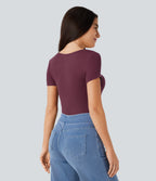Ribbed Henley Neck Short Sleeve Slim Casual Top — Maroon Banner — view 2