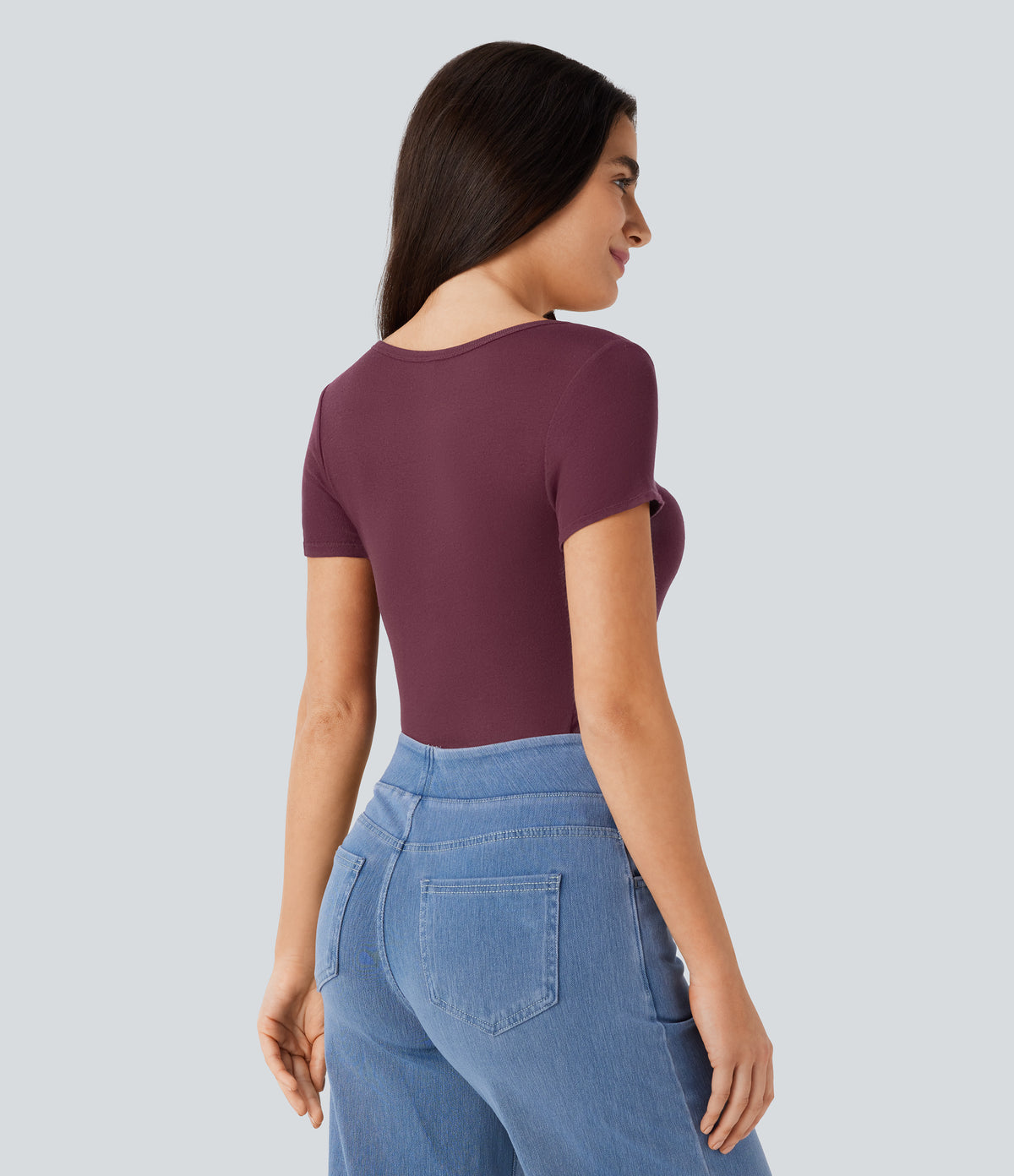 Ribbed Henley Neck Short Sleeve Slim Casual Top — Maroon Banner — view 2