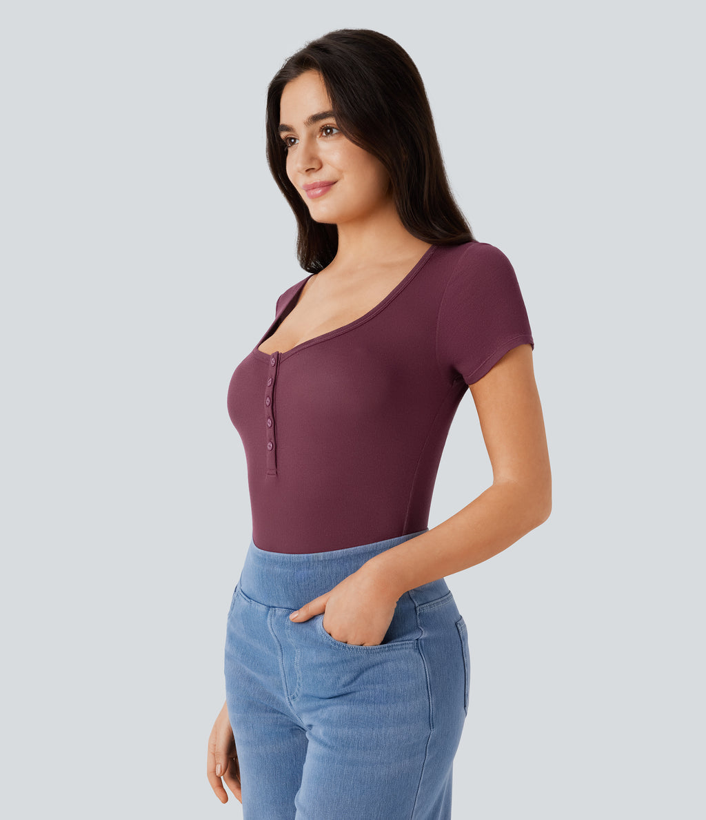 Ribbed Henley Neck Short Sleeve Slim Casual Top — Maroon Banner — view 3