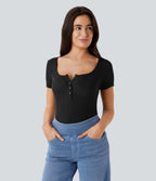Ribbed Henley Neck Short Sleeve Slim Casual Top — Black — view 8