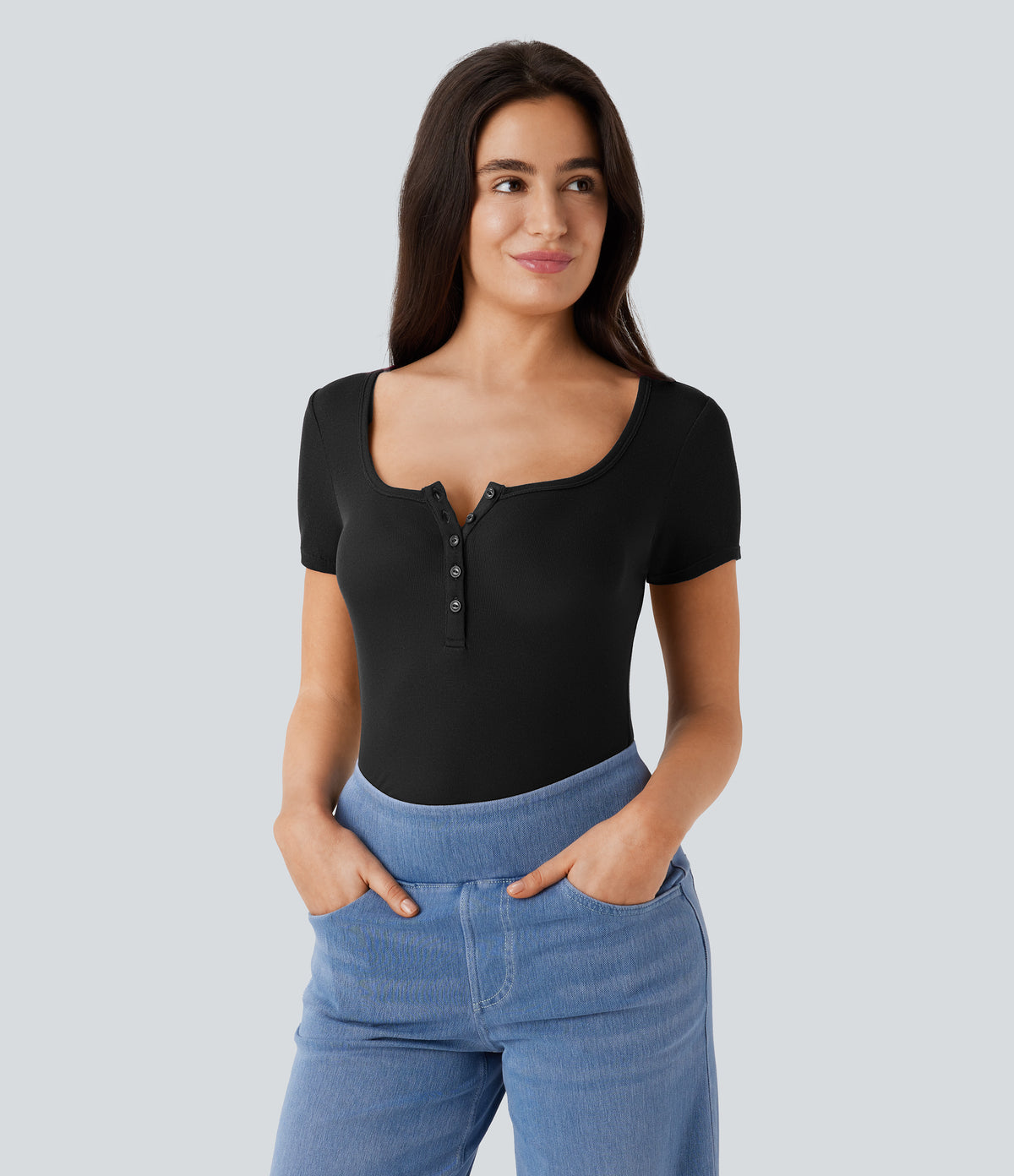 Ribbed Henley Neck Short Sleeve Slim Casual Top — Black — view 8