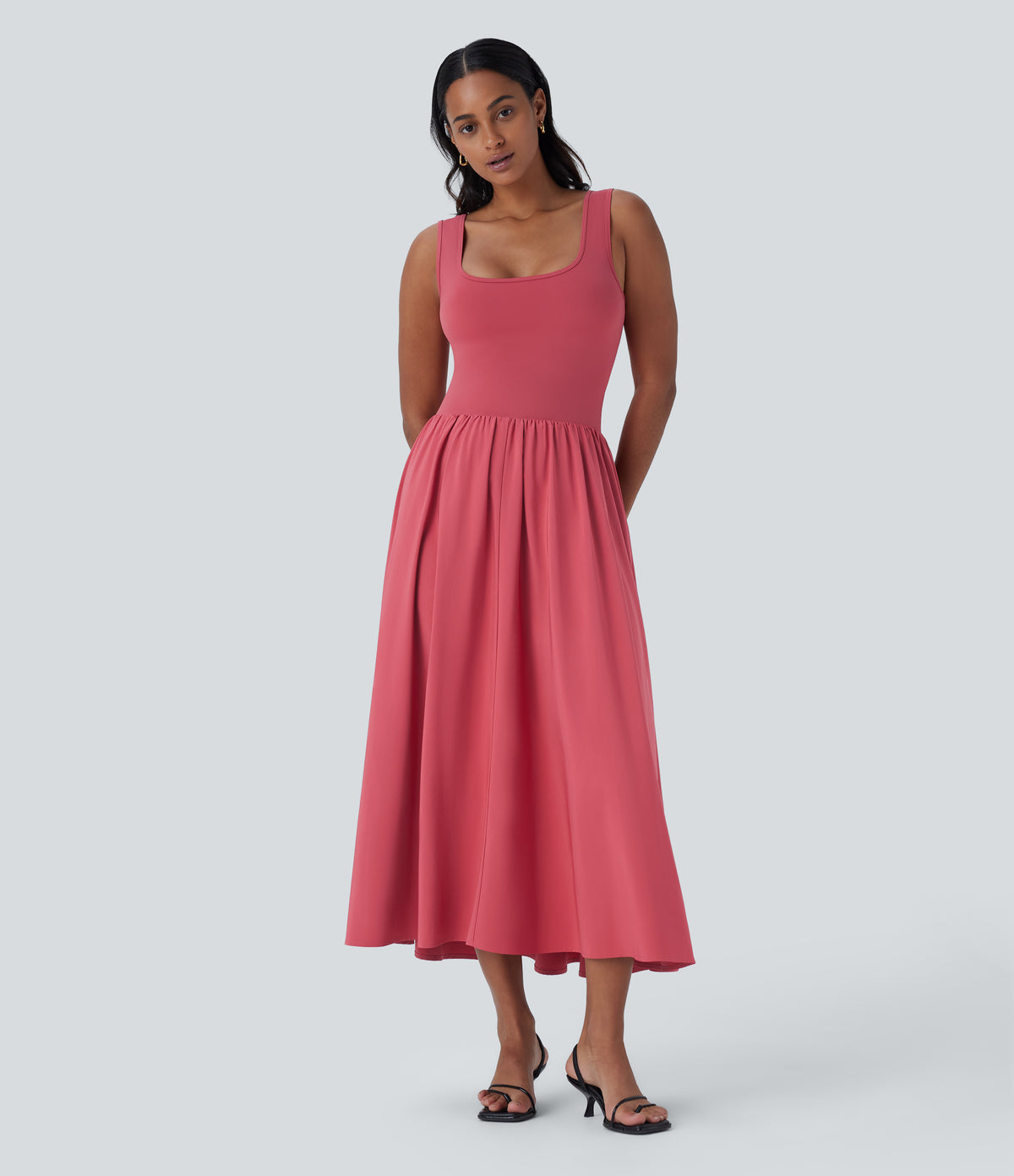 Sleeveless Cut Out Quick Dry Maxi Casual Dress-Front and Back Wearable — Kapok Red — view 3