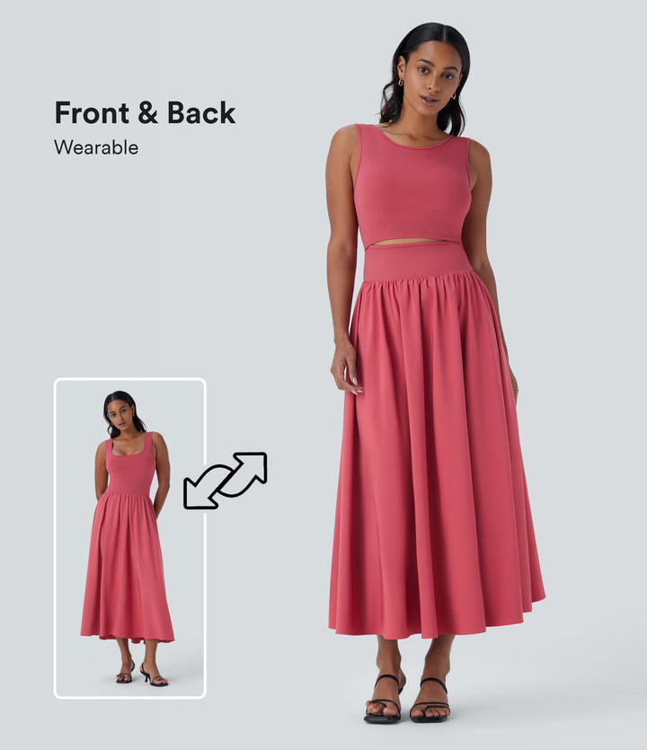 Sleeveless Cut Out Quick Dry Maxi Casual Dress-Front and Back Wearable — Kapok Red — view 1