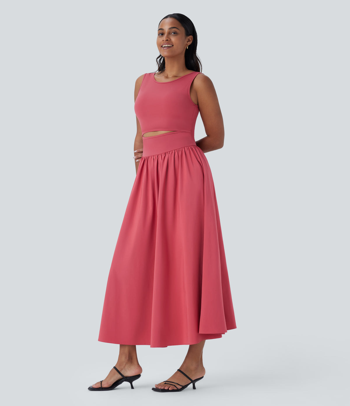 Sleeveless Cut Out Quick Dry Maxi Casual Dress-Front and Back Wearable — Kapok Red — view 5