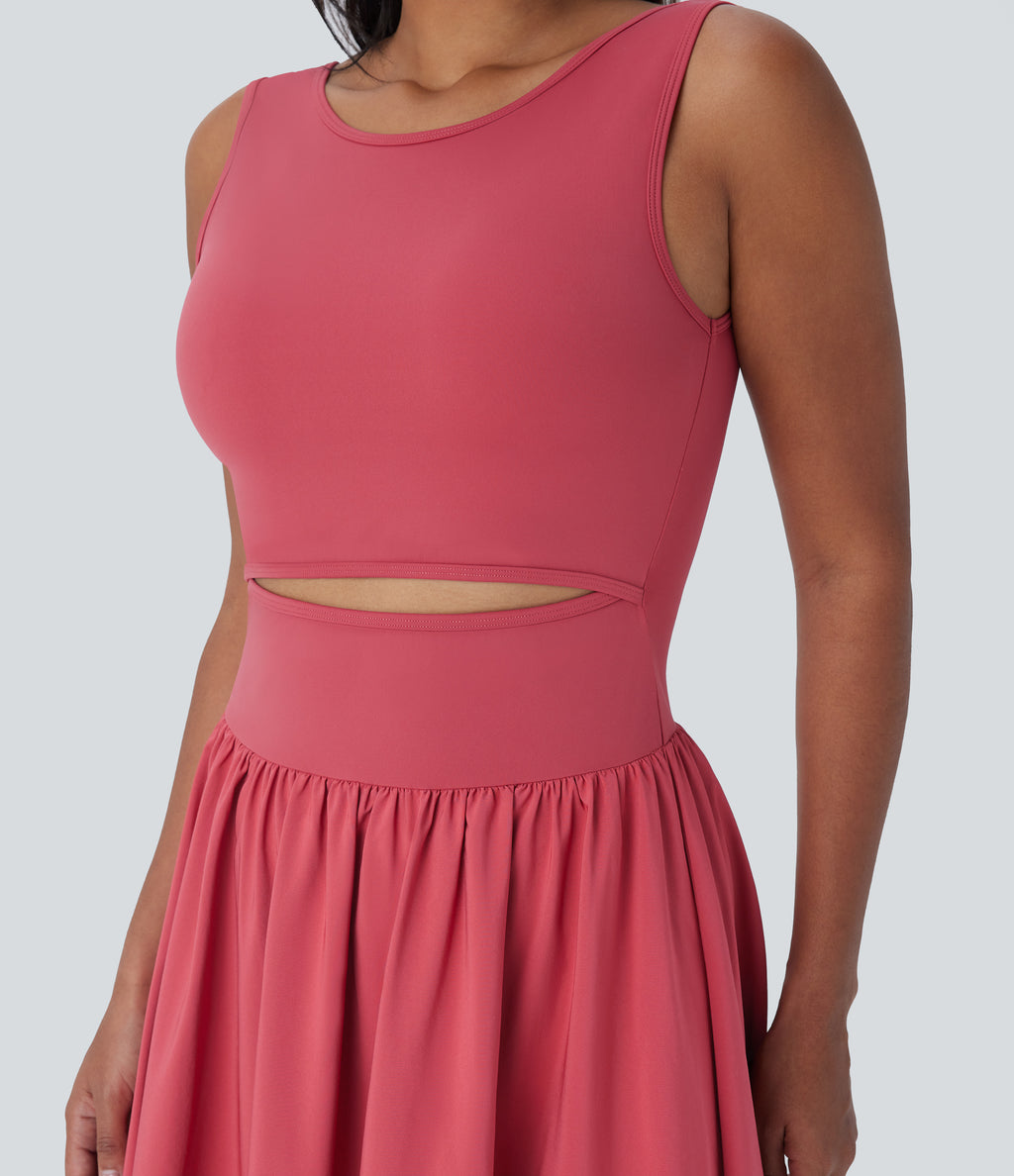 Sleeveless Cut Out Quick Dry Maxi Casual Dress-Front and Back Wearable — Kapok Red — view 7