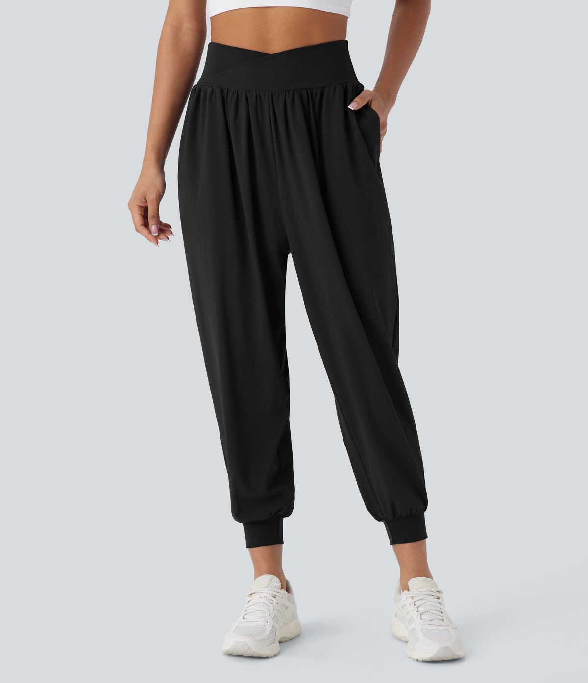 Crossover High Waisted Side Pockets Quick Dry Yoga Joggers — Black — view 8