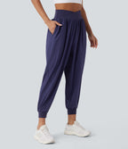 Crossover High Waisted Side Pockets Quick Dry Yoga Joggers — Black Diamond Blue — view 3