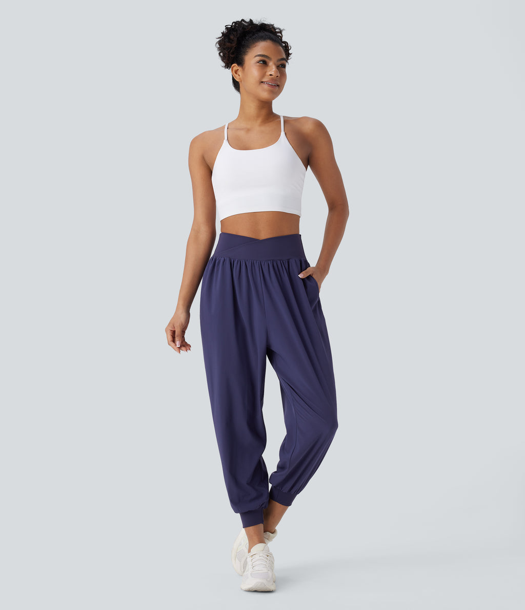 Crossover High Waisted Side Pockets Quick Dry Yoga Joggers — Black Diamond Blue — view 7