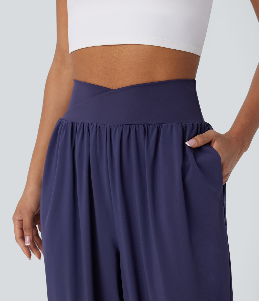 Crossover High Waisted Side Pockets Quick Dry Yoga Joggers — Black Diamond Blue — view 4