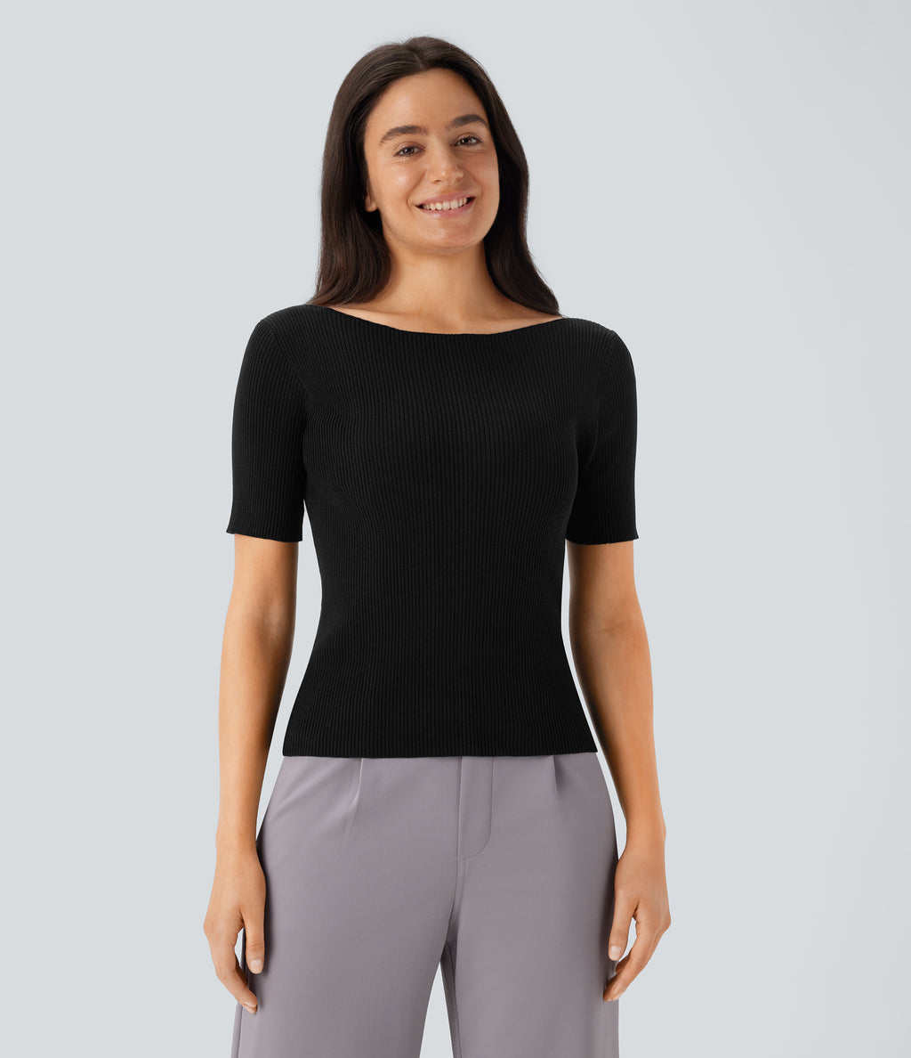 Boat Neck Short Sleeve Slim Work Jumper — Black — view 5