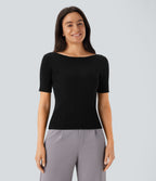 Boat Neck Short Sleeve Slim Work Jumper — Black — view 5