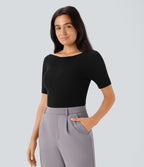 Boat Neck Short Sleeve Slim Work Jumper — Black — view 1