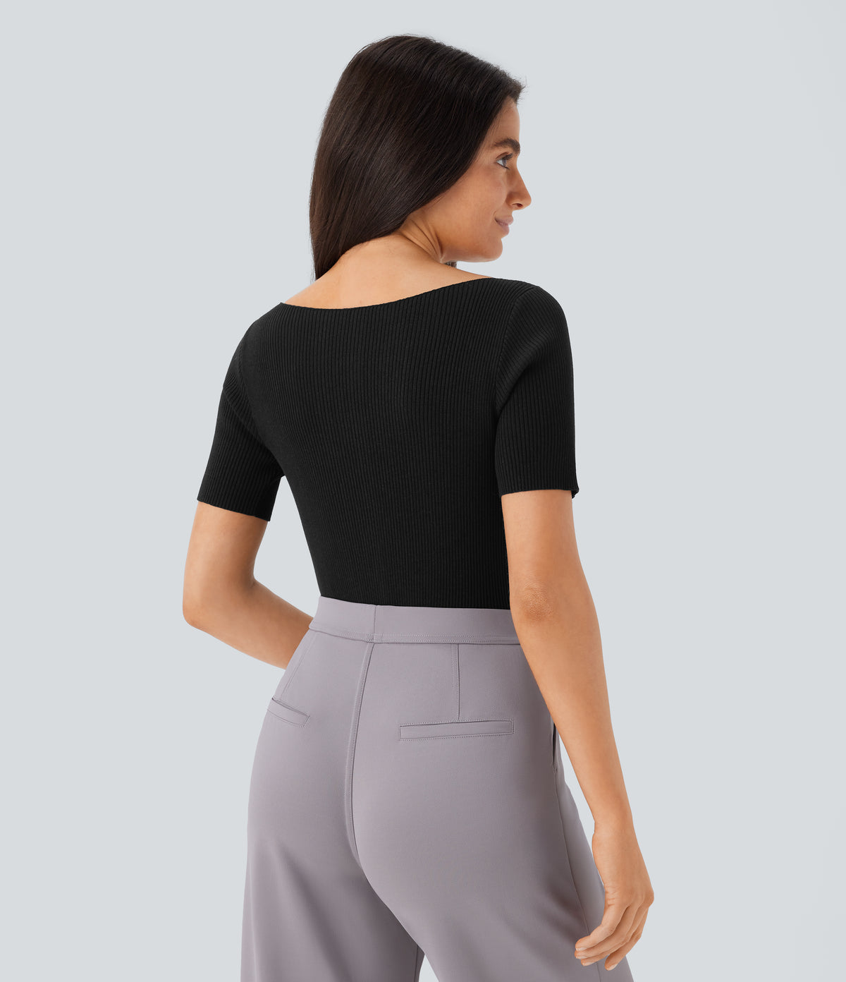 Boat Neck Short Sleeve Slim Work Jumper — Black — view 2
