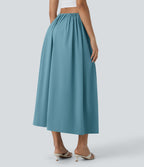 High Waisted Drawstring Split Flowy Quick Dry 2-Piece Midi Resort Skirt — Stone Blue — view 2
