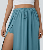High Waisted Drawstring Split Flowy Quick Dry 2-Piece Midi Resort Skirt — Stone Blue — view 4