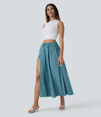 High Waisted Drawstring Split Flowy Quick Dry 2-Piece Midi Resort Skirt — Stone Blue — view 6