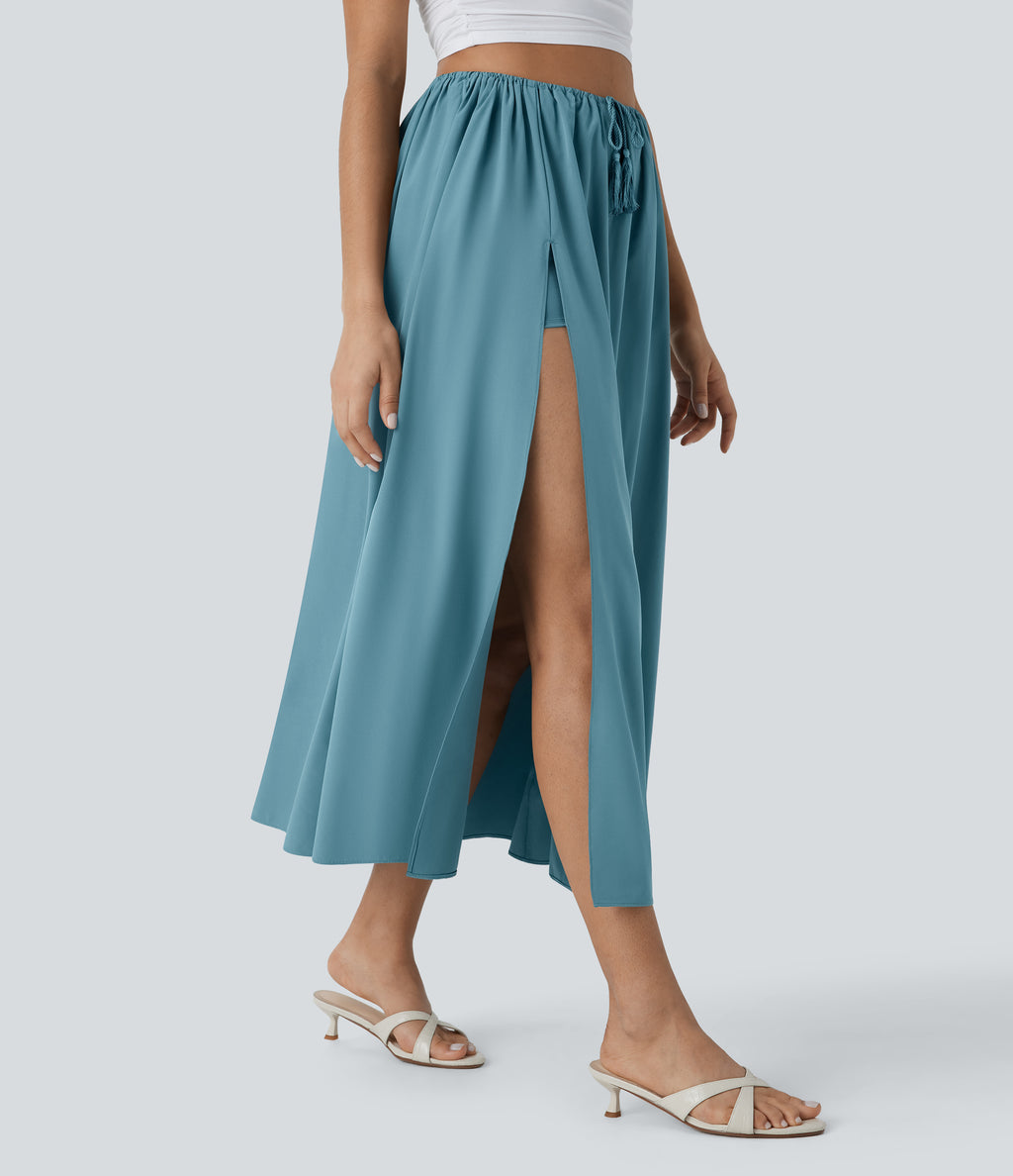 High Waisted Drawstring Split Flowy Quick Dry 2-Piece Midi Resort Skirt — Stone Blue — view 3