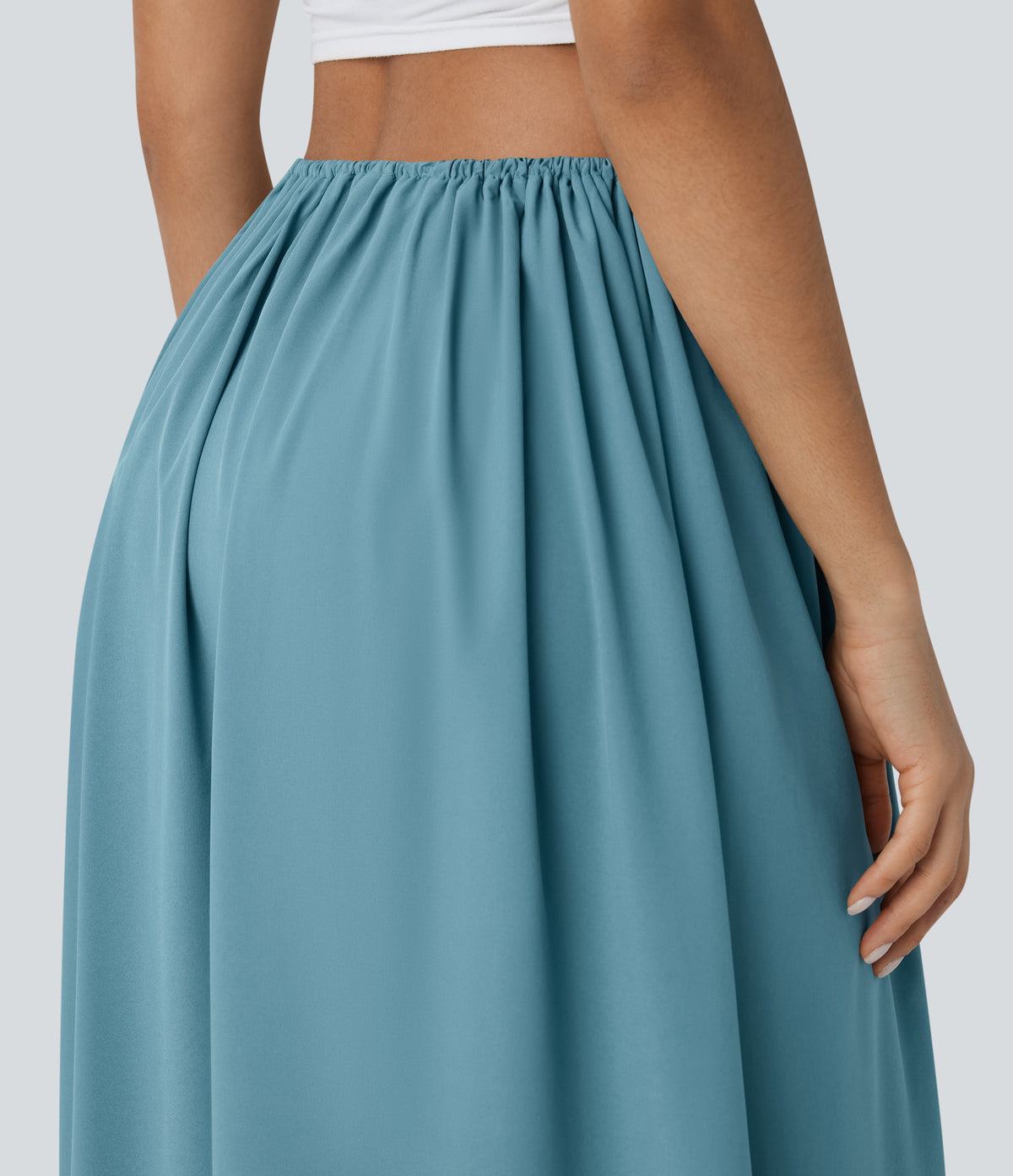 High Waisted Drawstring Split Flowy Quick Dry 2-Piece Midi Resort Skirt — Stone Blue — view 5