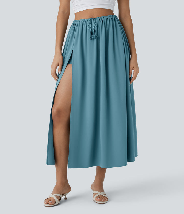 High Waisted Drawstring Split Flowy Quick Dry 2-Piece Midi Resort Skirt — Stone Blue — view 1