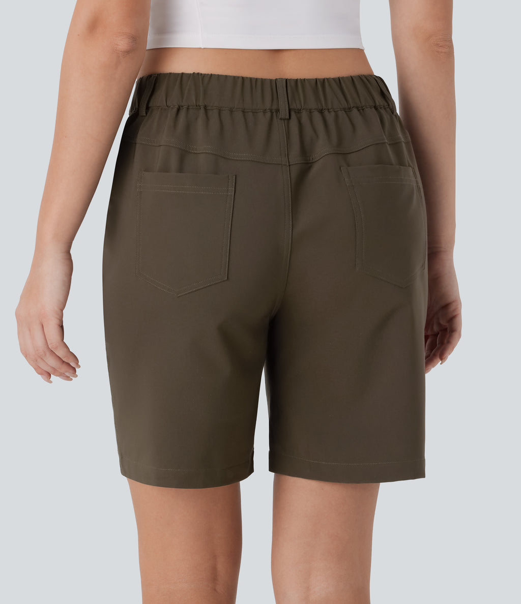 Water Repellent Mid Rise Button Zipper Multiple Pockets Hiking Shorts 7'' — Deep Sage — view 5
