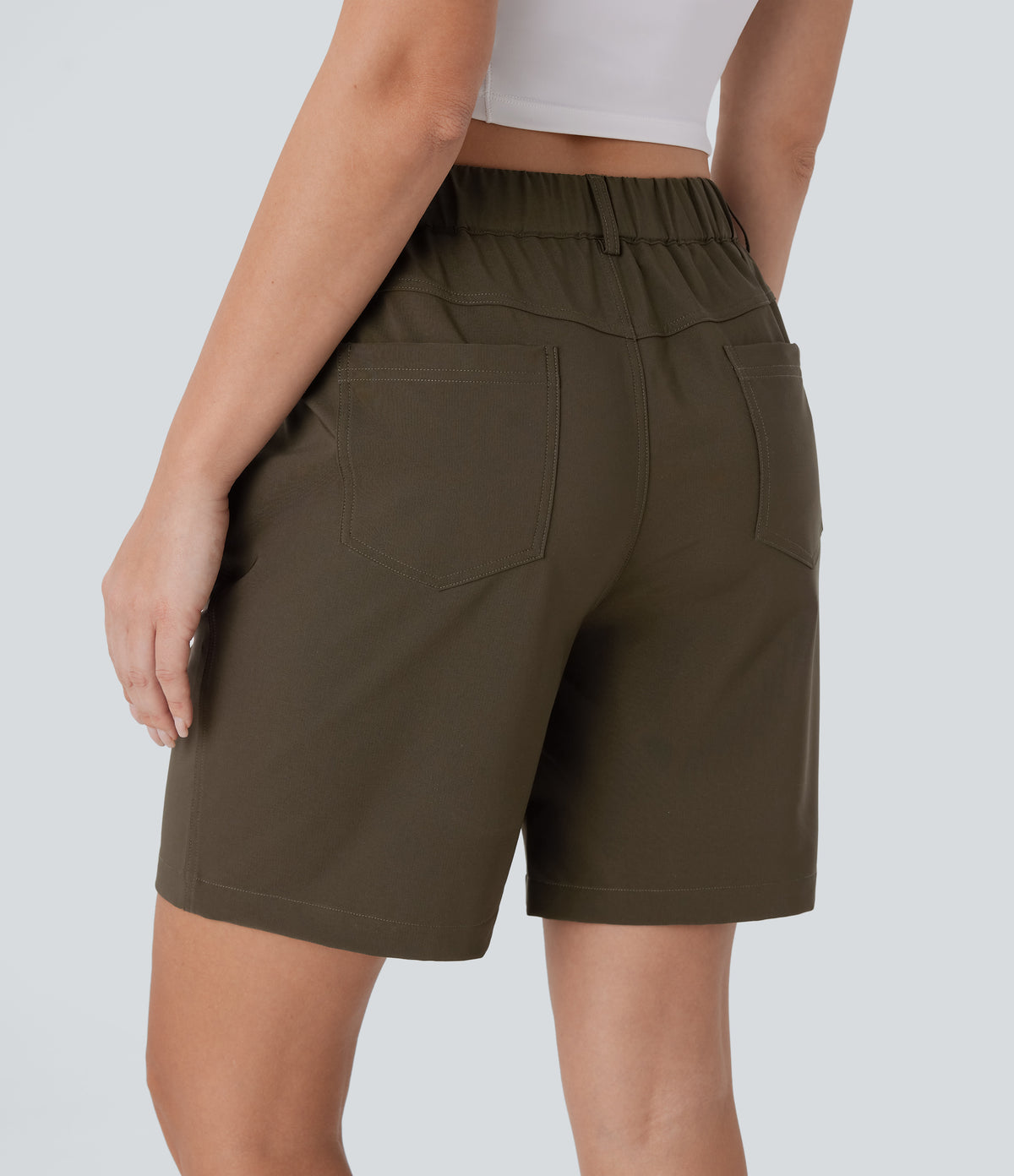 Water Repellent Mid Rise Button Zipper Multiple Pockets Hiking Shorts 7'' — Deep Sage — view 2