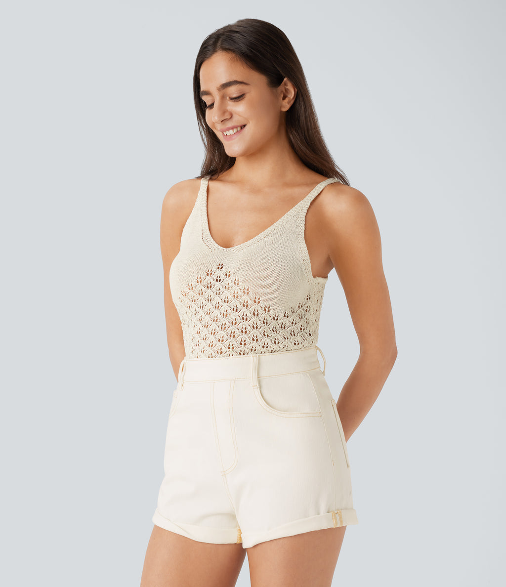 V Neck Backless Cut Out Casual Jumper Knit Linen-Feel Tank Vest Top — Light Beige — view 3