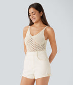 V Neck Backless Cut Out Casual Jumper Knit Linen-Feel Tank Vest Top — Light Beige — view 3