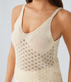V Neck Backless Cut Out Casual Jumper Knit Linen-Feel Tank Vest Top — Light Beige — view 4