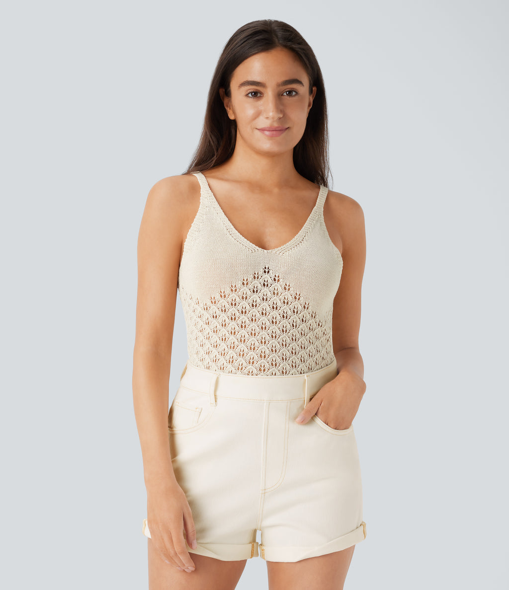 V Neck Backless Cut Out Casual Jumper Knit Linen-Feel Tank Vest Top — Light Beige — view 5