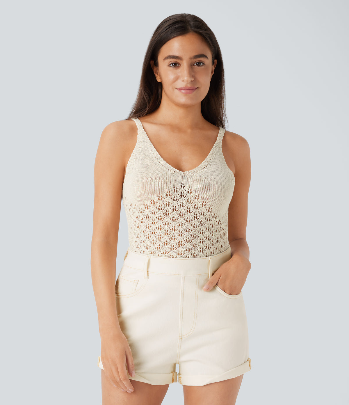 V Neck Backless Cut Out Casual Jumper Knit Linen-Feel Tank Vest Top — Light Beige — view 5
