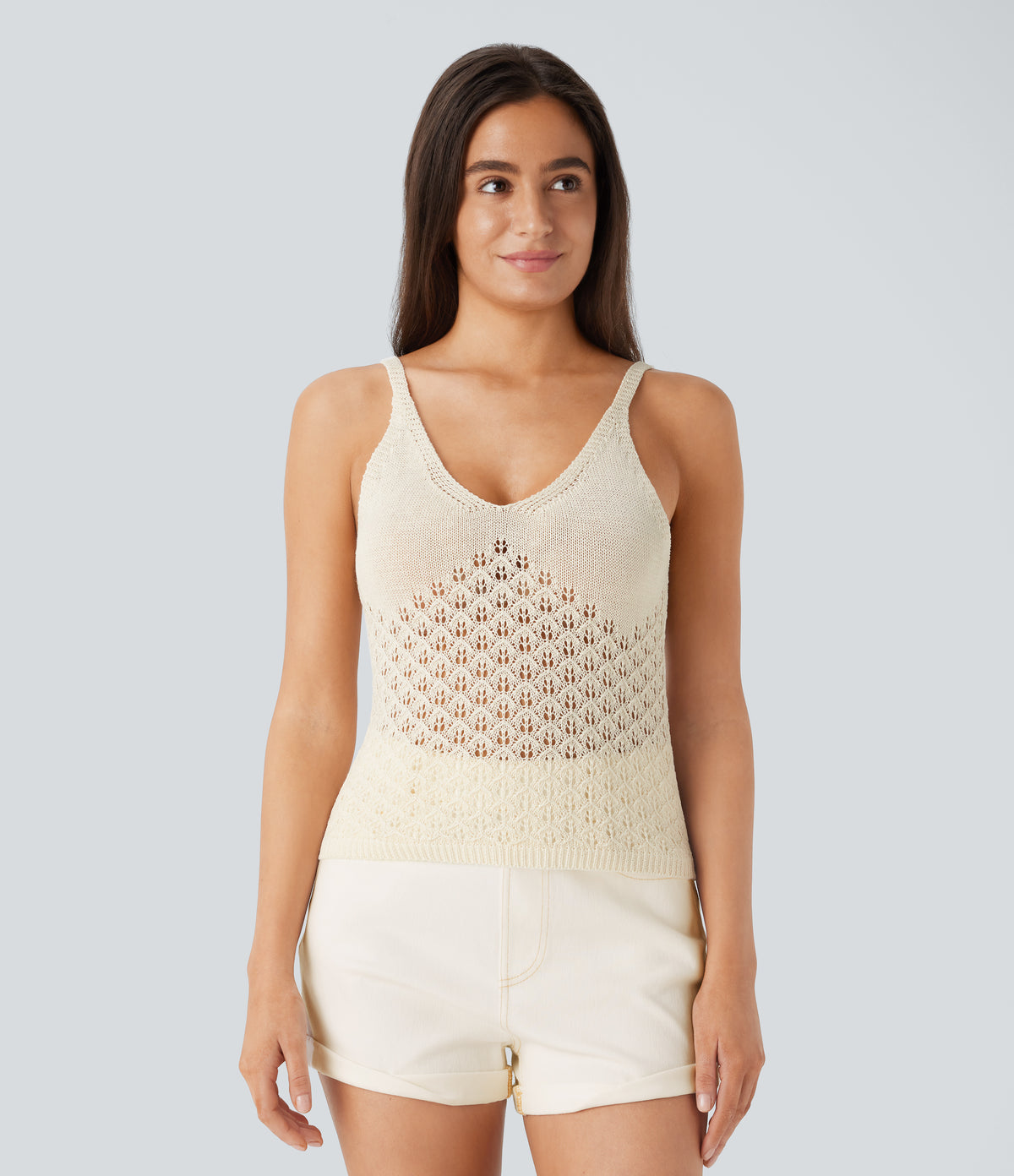 V Neck Backless Cut Out Casual Jumper Knit Linen-Feel Tank Vest Top — Light Beige — view 1