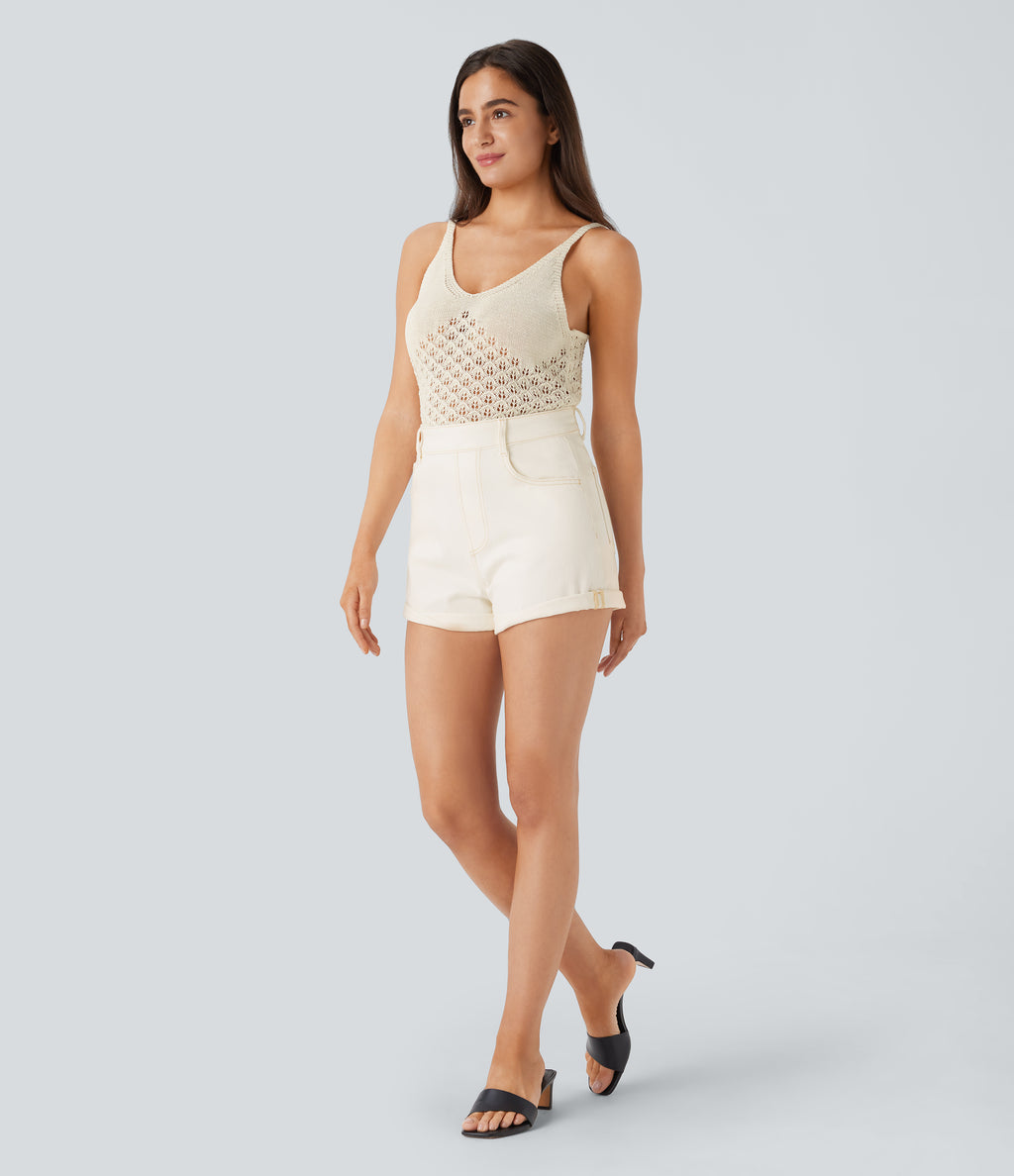 V Neck Backless Cut Out Casual Jumper Knit Linen-Feel Tank Vest Top — Light Beige — view 6