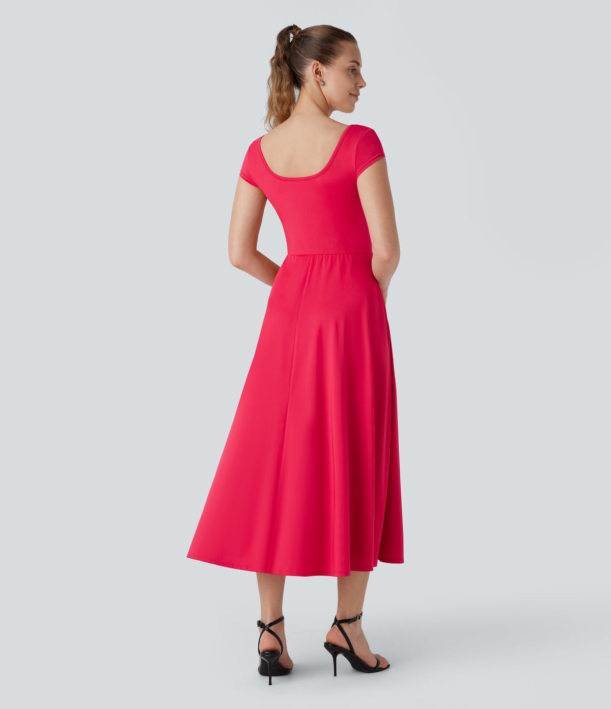 Square Neck Short Sleeve Side Pocket Flowy Midi Casual Dress — Hibiscus — view 2