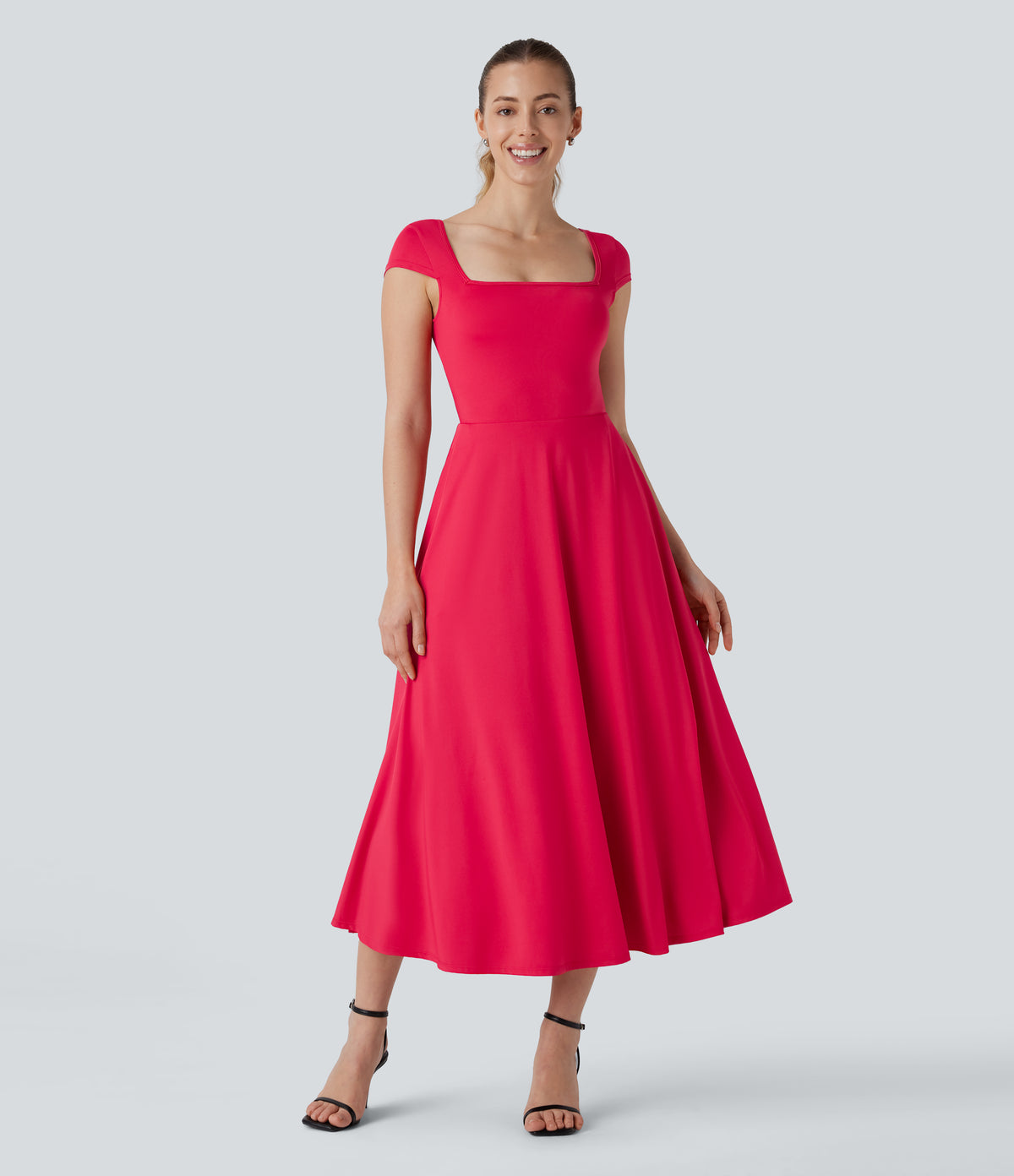 Square Neck Short Sleeve Side Pocket Flowy Midi Casual Dress — Hibiscus — view 1