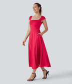Square Neck Short Sleeve Side Pocket Flowy Midi Casual Dress — Hibiscus — view 3