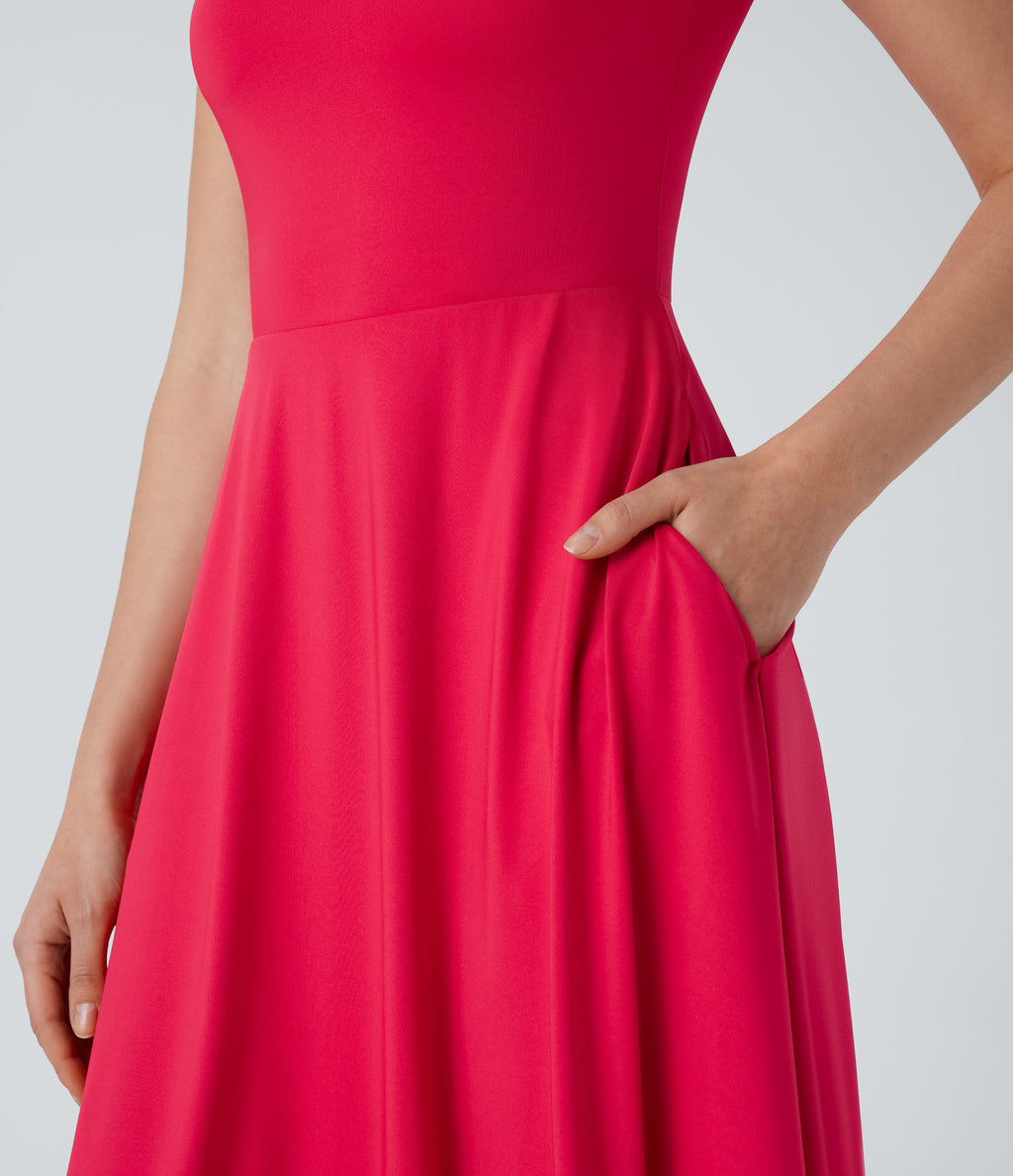 Square Neck Short Sleeve Side Pocket Flowy Midi Casual Dress — Hibiscus — view 5