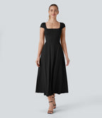 Square Neck Short Sleeve Side Pocket Flowy Midi Casual Dress — Black — view 6