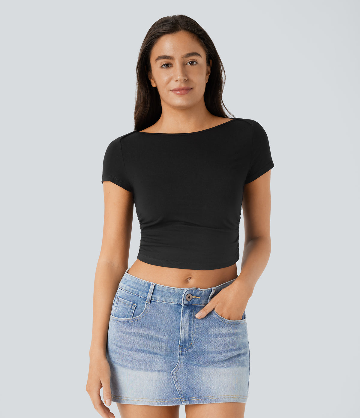 Slash Neck Short Sleeve Ruched Cropped Casual Baby Tee — Black — view 1