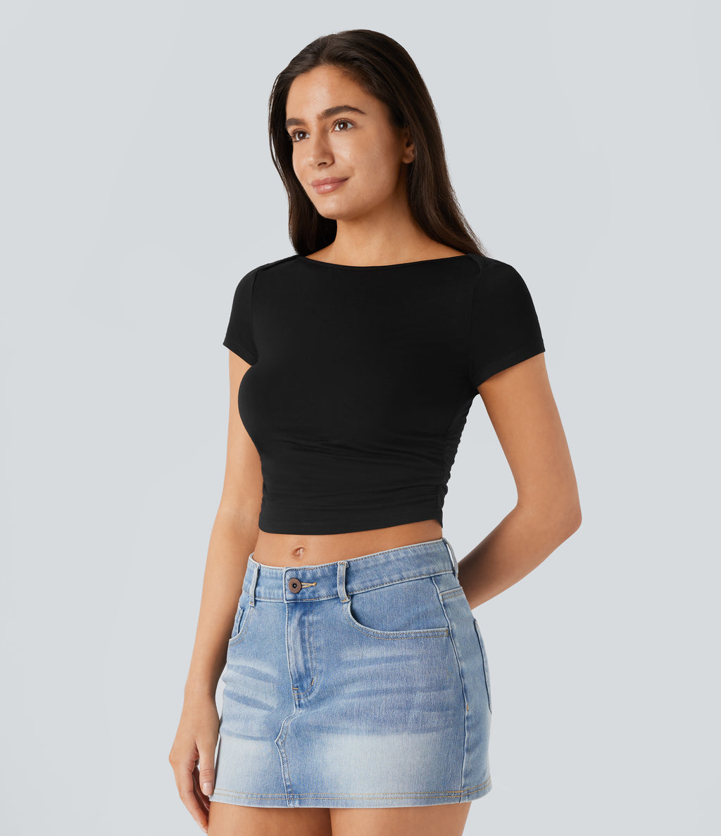 Slash Neck Short Sleeve Ruched Cropped Casual Baby Tee — Black — view 3